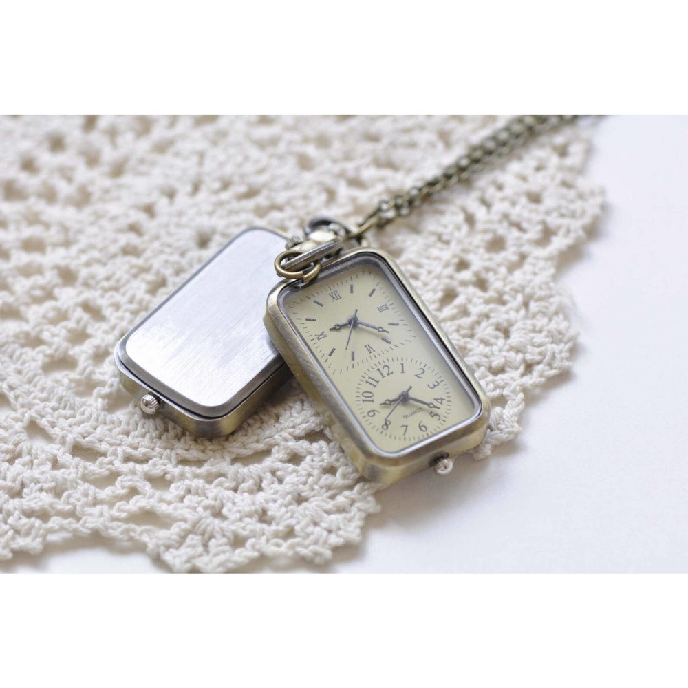 Dual Time Zone NEW Pocket Watch Pendant Vintage Bronze Rectangle Timepiece - Picture 4 of 5